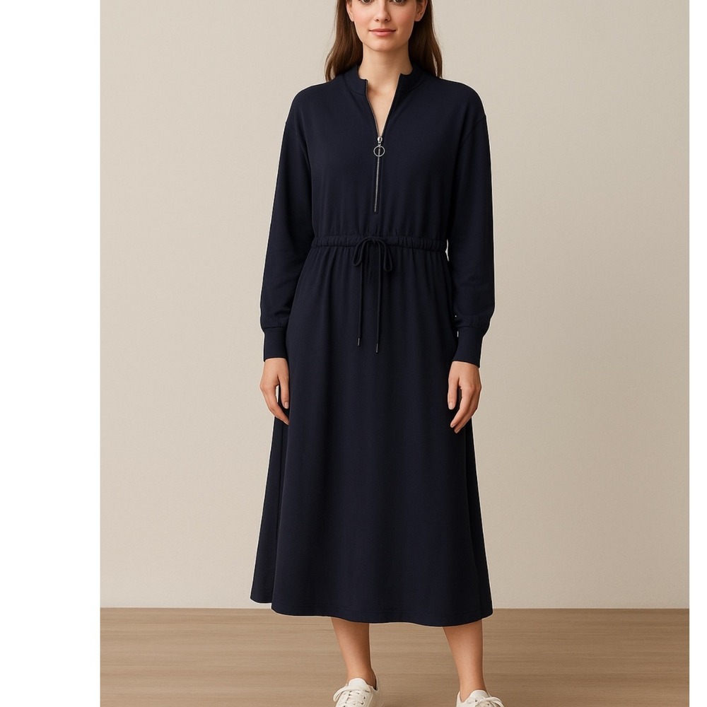 Me + Em Navy Blue Long Sleeve Quarter‎ Zip Drawstring Waist Midi Dress 6
